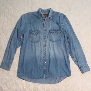 Forge Workwear Mens Button-up Blouse Blue Chambray Pearl Snap Size L